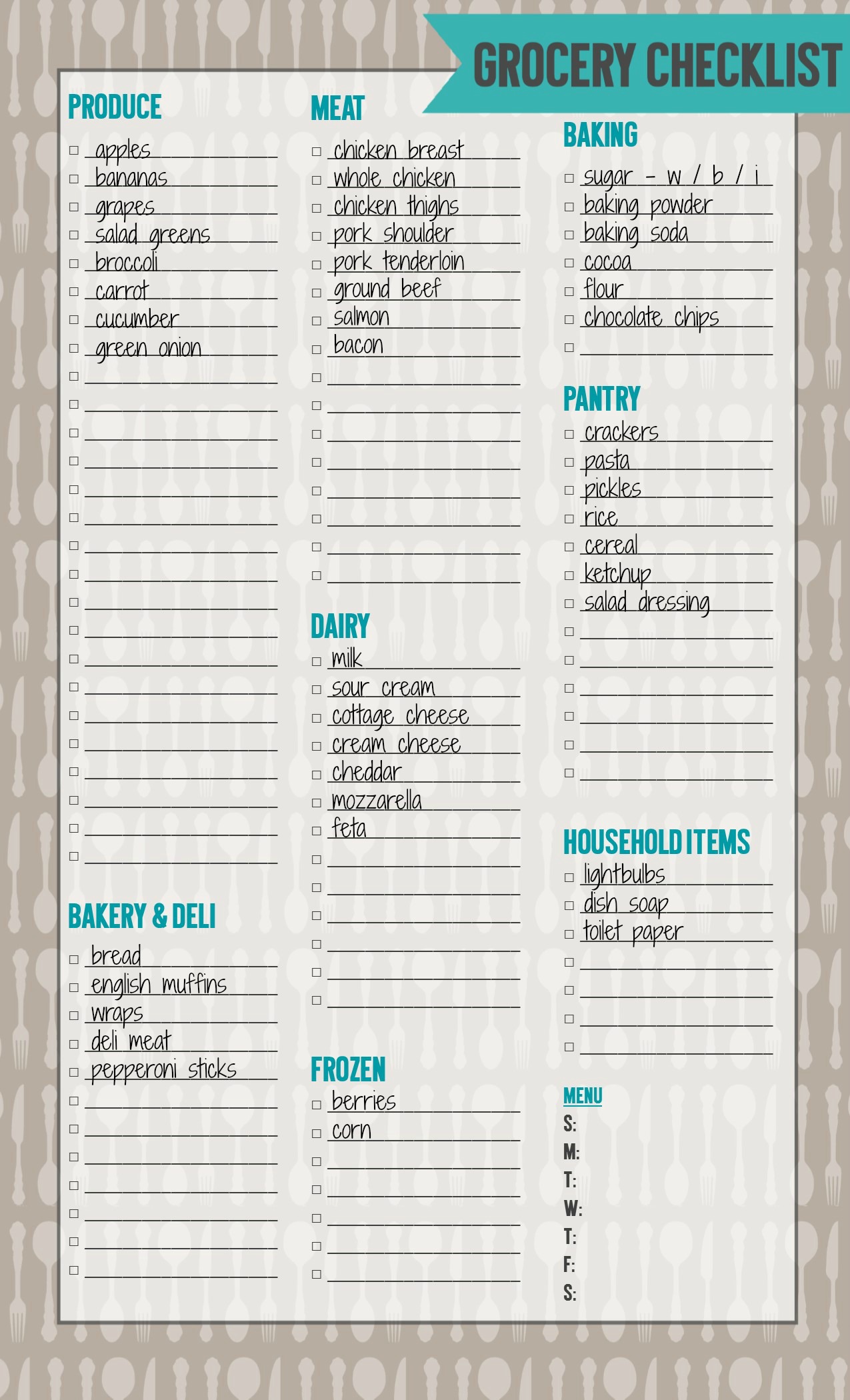 sample of grocery shopping checklist template