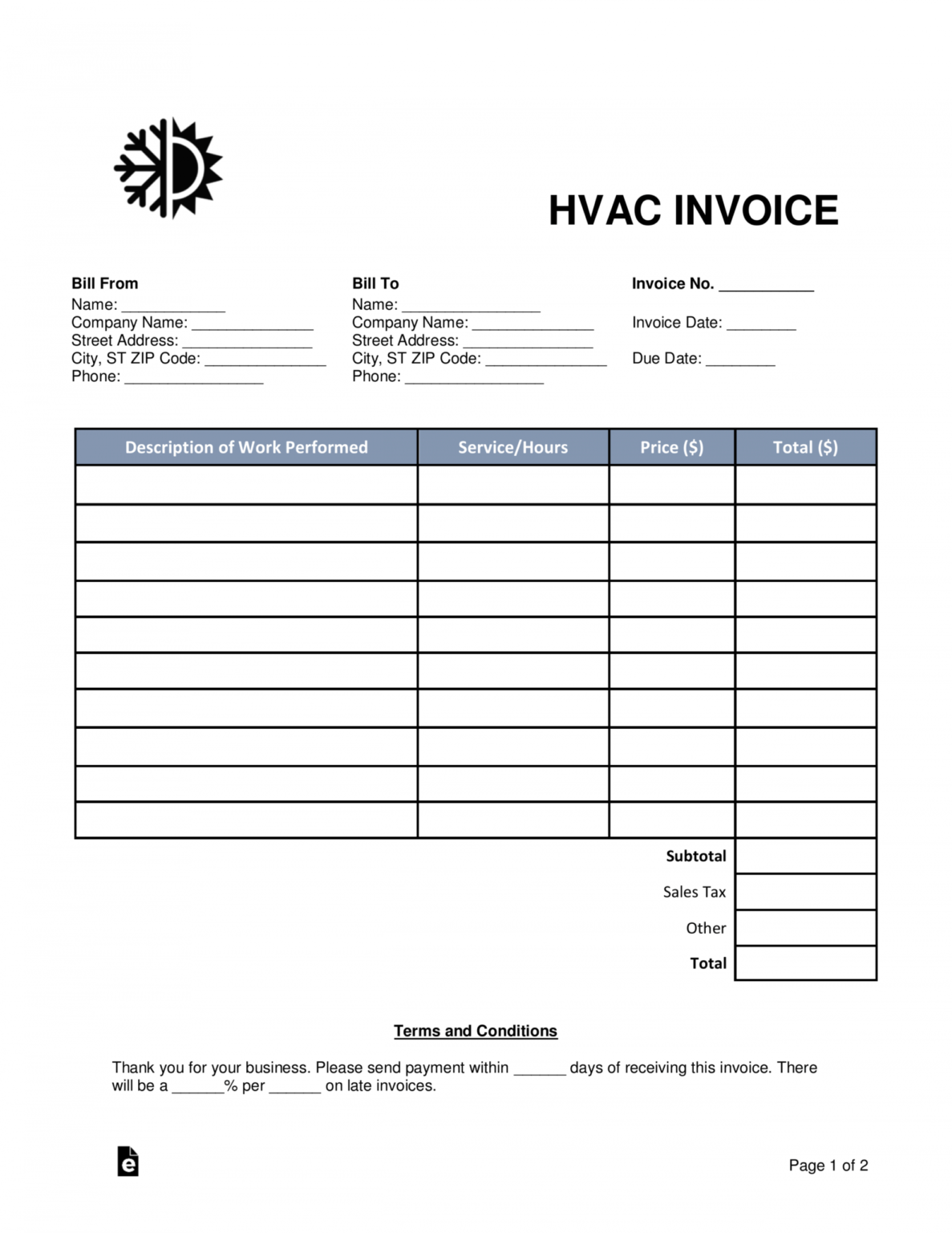 sample of heating and cooling invoice template