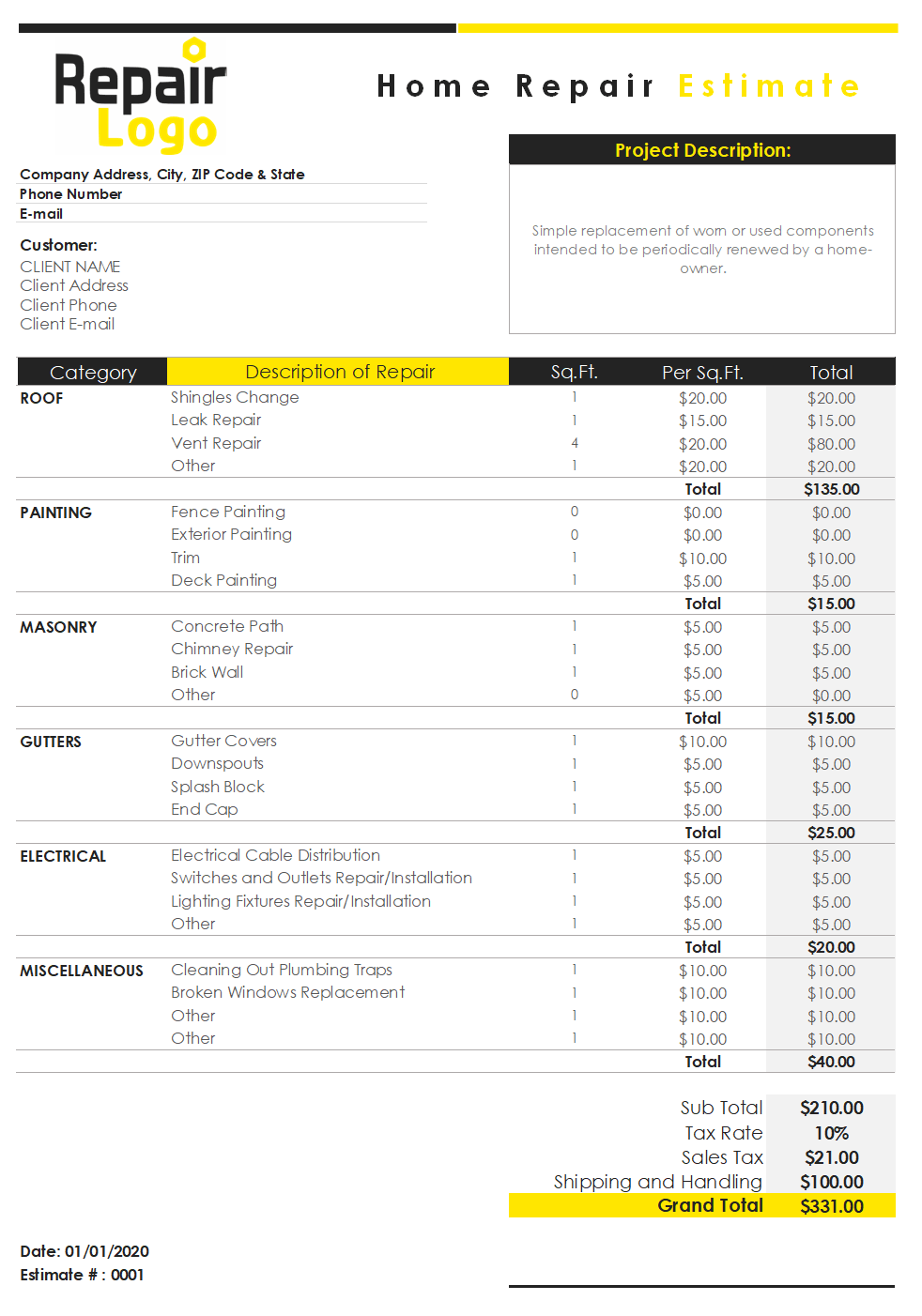 sample of home repair estimate template