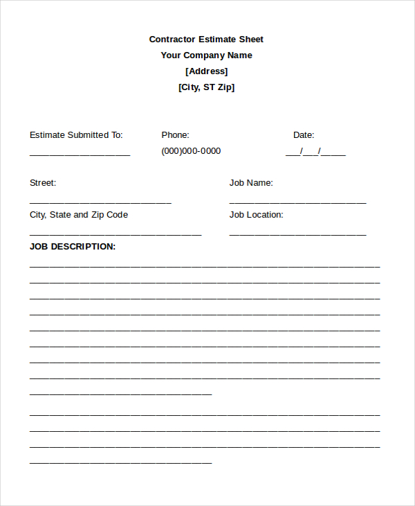 sample of independent contractor estimate template