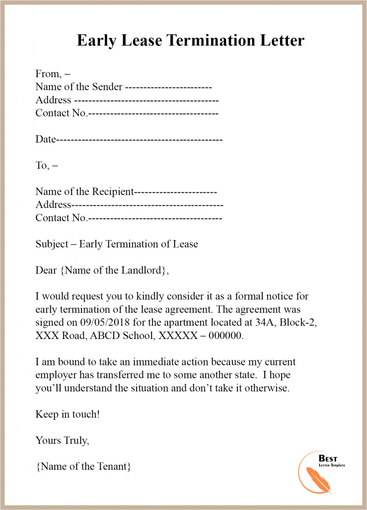 sample of lease termination letter template to tenant