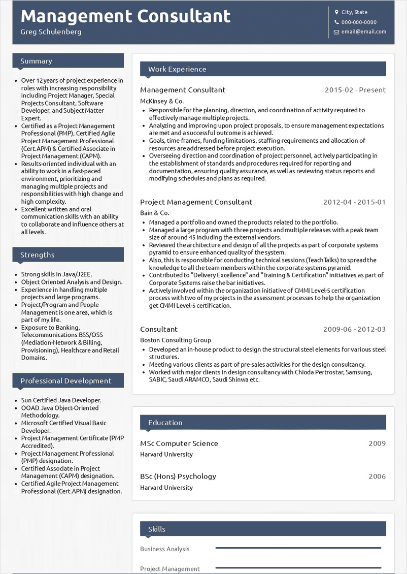 sample of management consultant resume template