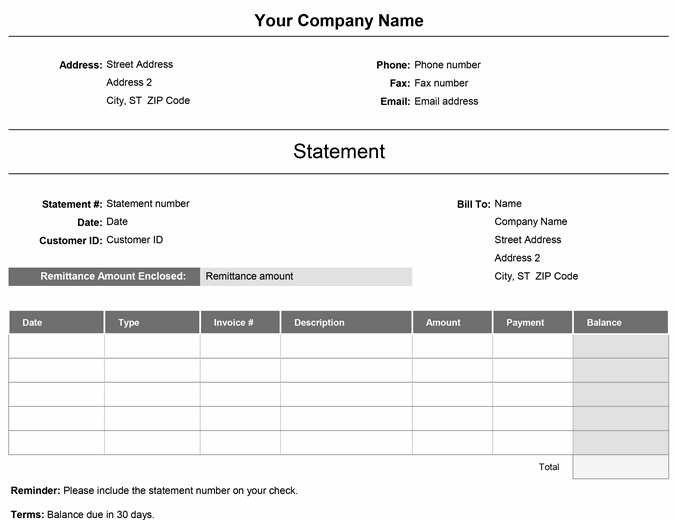 sample of monthly billing statement template