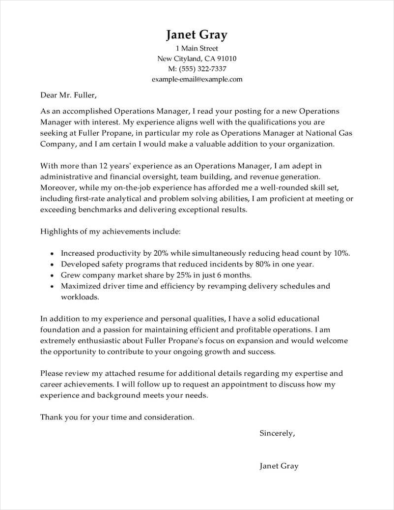 sample of operation manager cover letter template