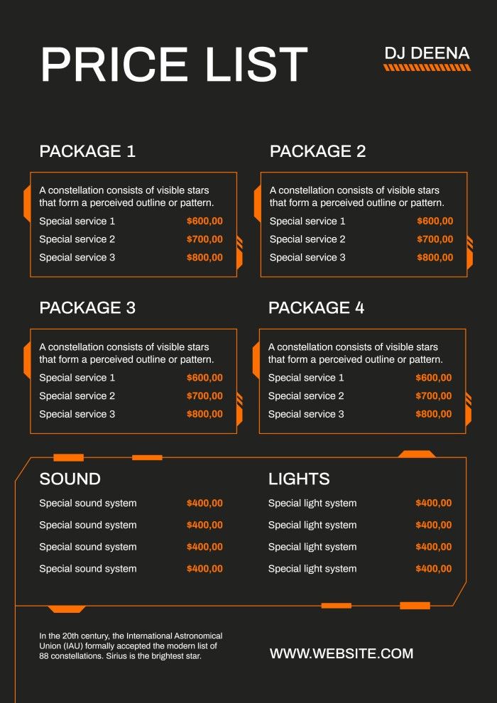 sample of printable DJ price list template