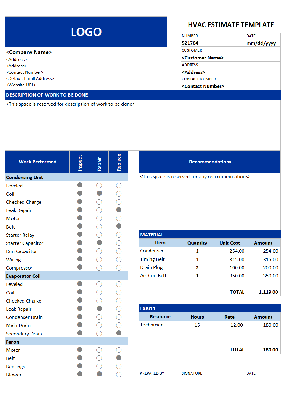 sample of printable HVAC estimate template