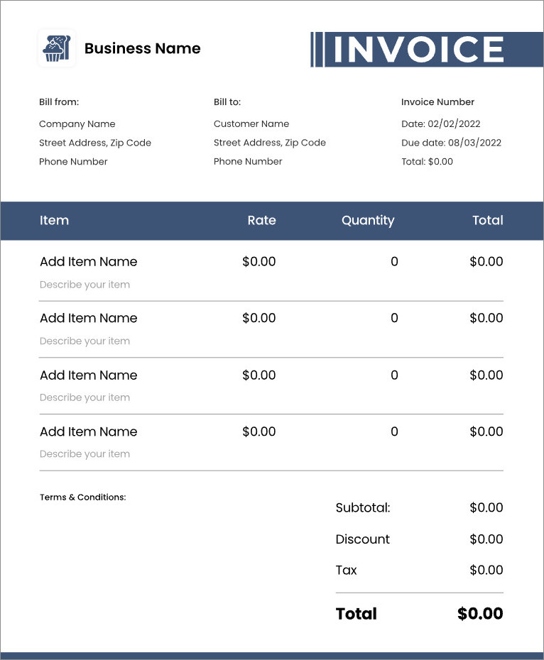 sample of printable bakery invoice template