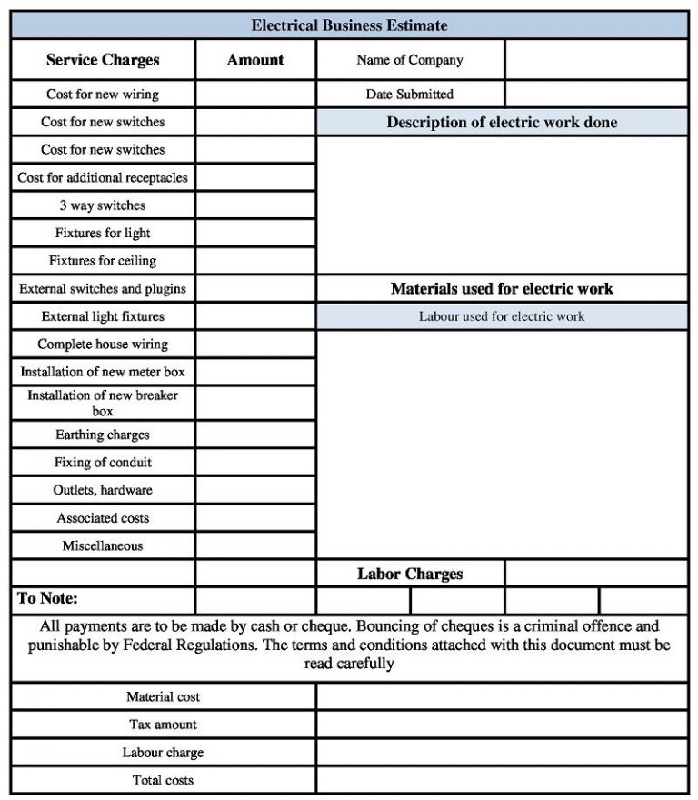 sample of printable electrical estimate template