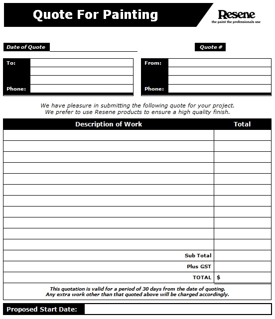 sample of printable estimate template for painting