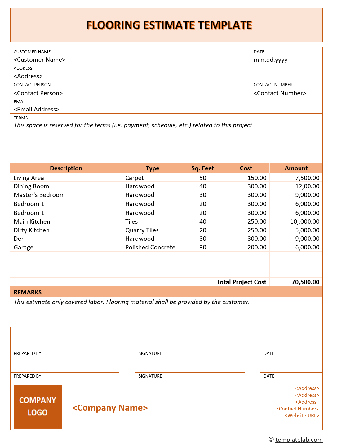 sample of printable flooring estimate template