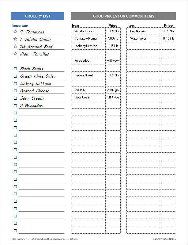 sample of printable grocery price list template