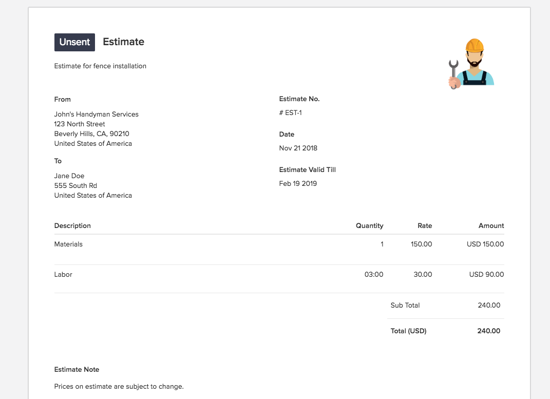 sample of printable handyman estimate template