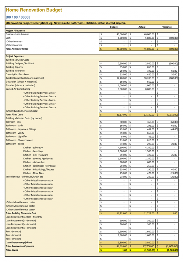 sample of printable home renovation estimate template