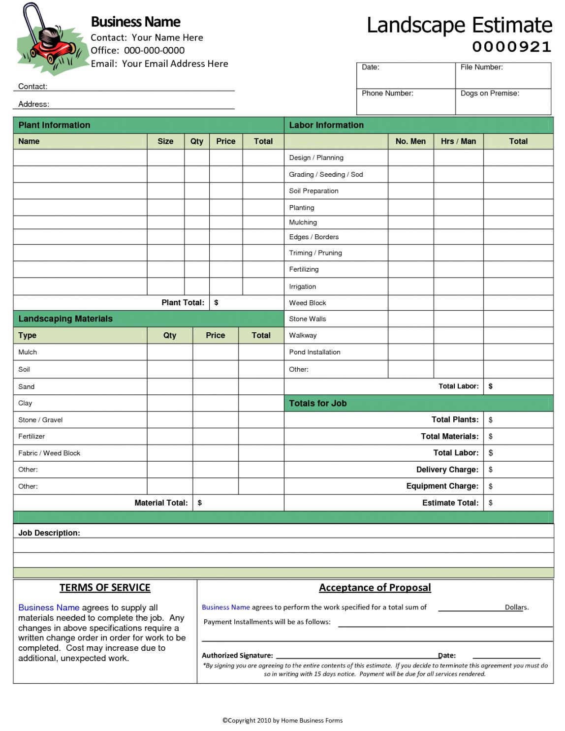 sample of printable landscape estimate template