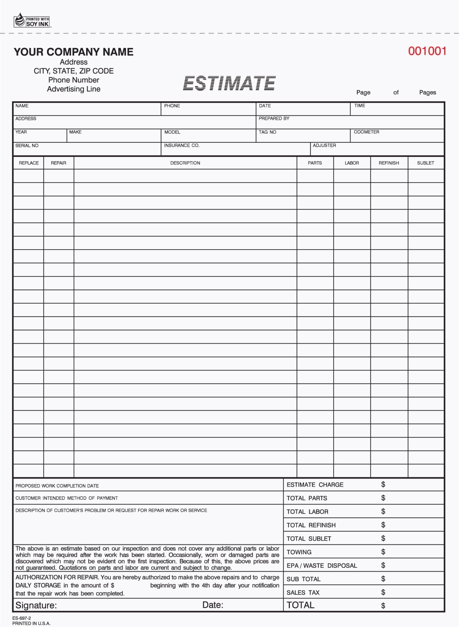 sample of printable mechanic estimate template