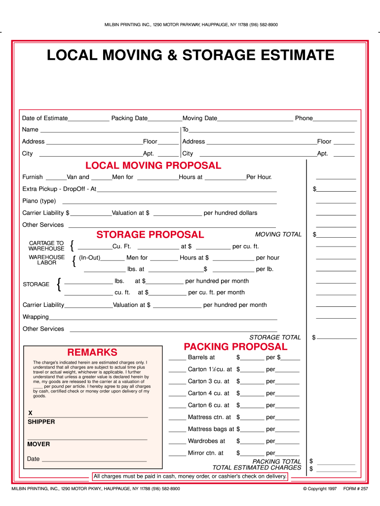 sample of printable moving estimate template