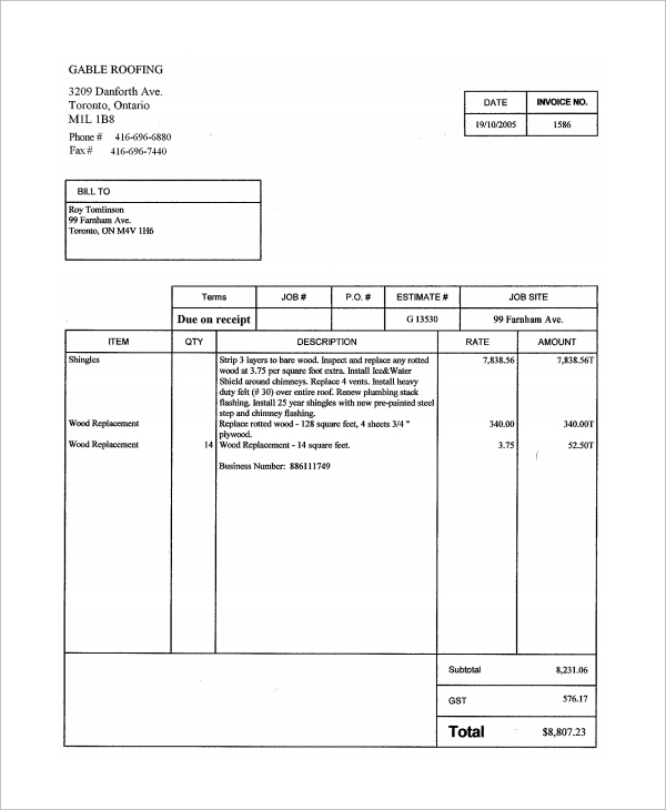 sample of printable roofing invoice template