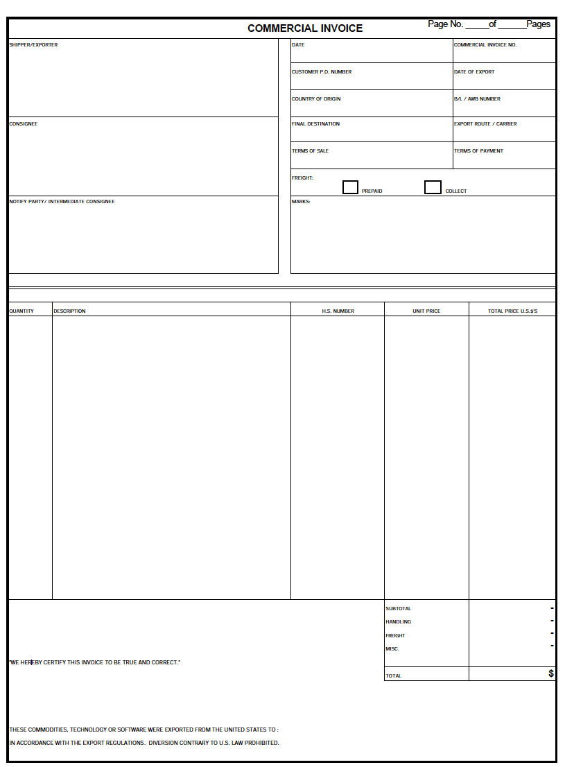 sample of printable shipping invoice template