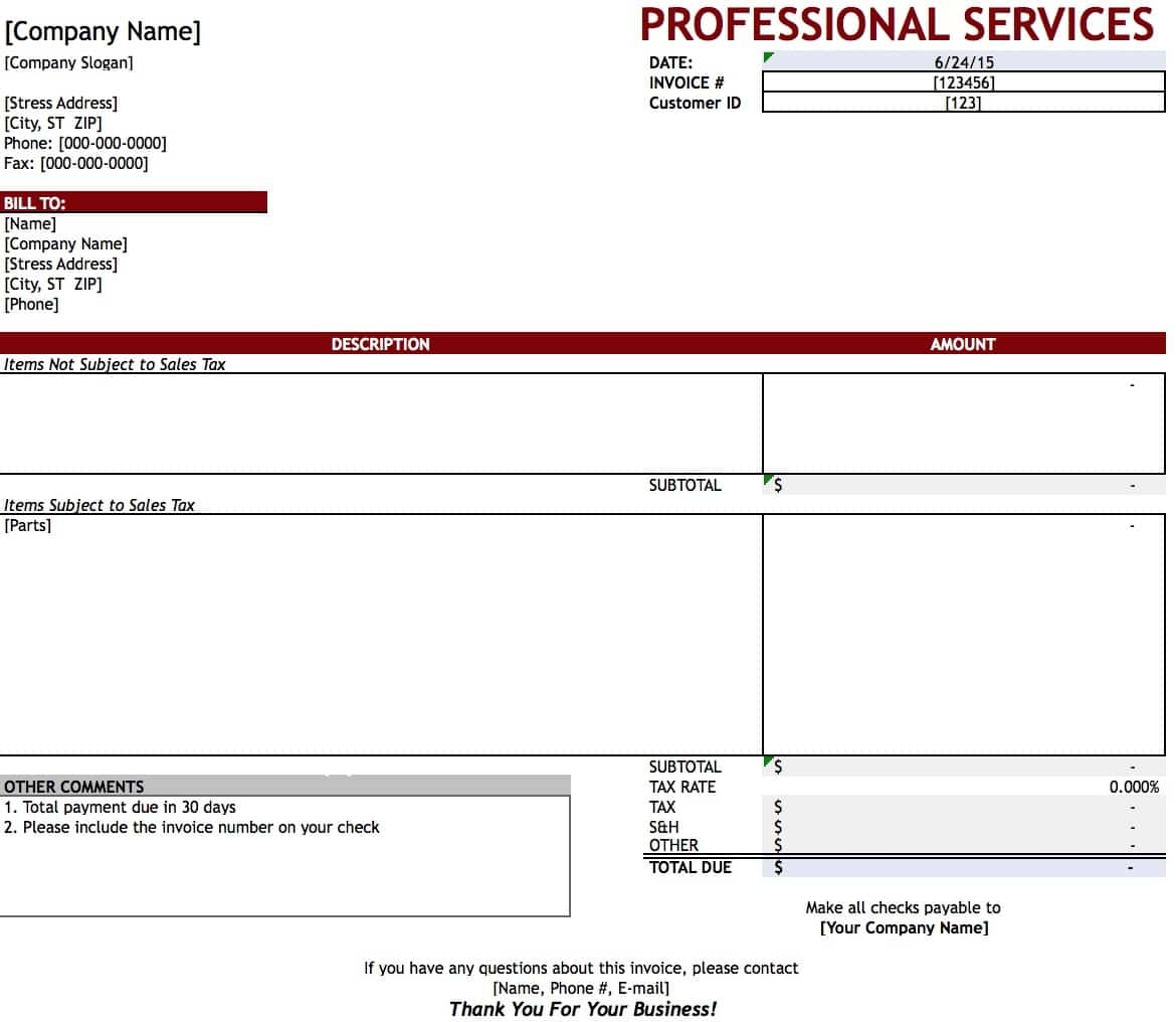 sample of professional services invoice template