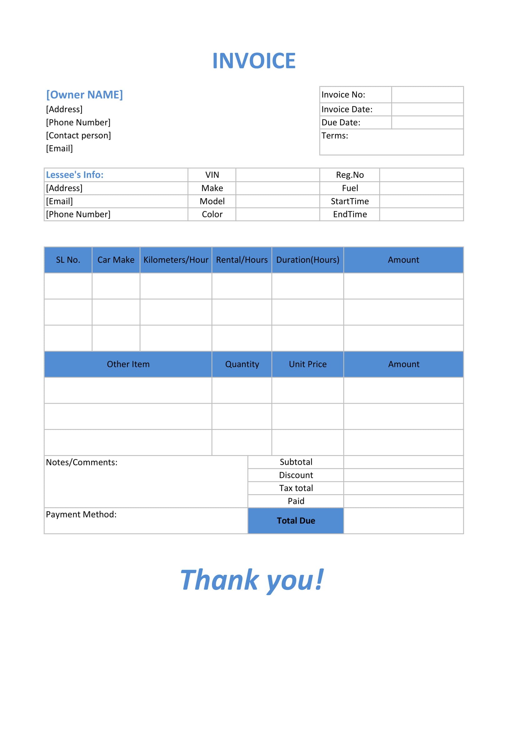 sample of rent a car invoice template