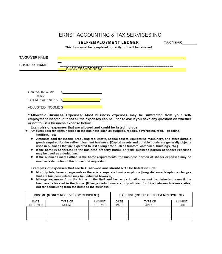 self employment ledger template