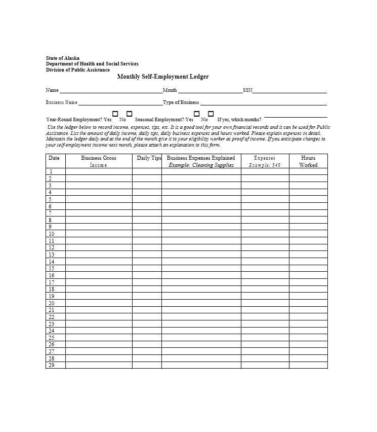 self employment ledger template