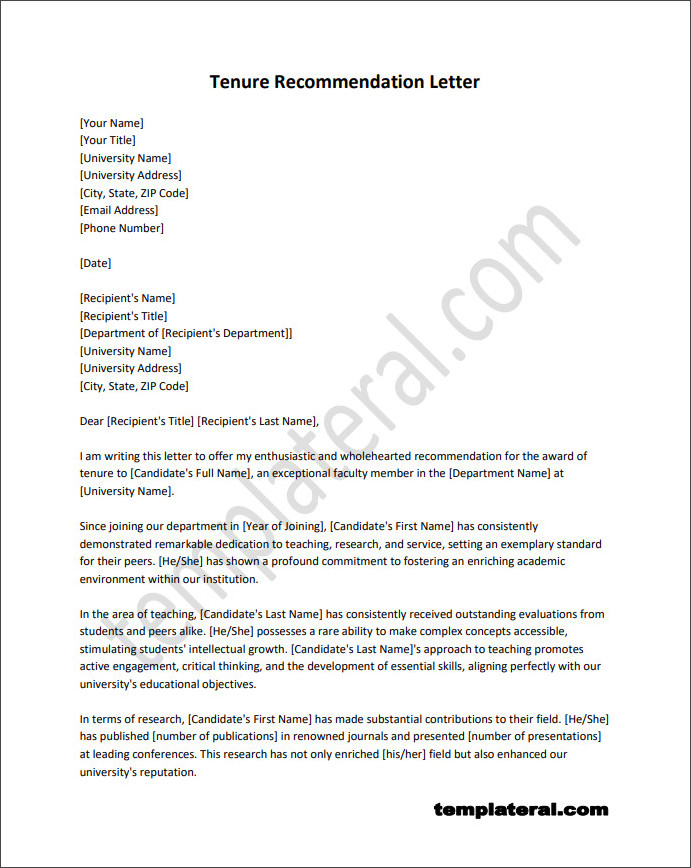 Free printable tenure recommendation letter template with customizable sections