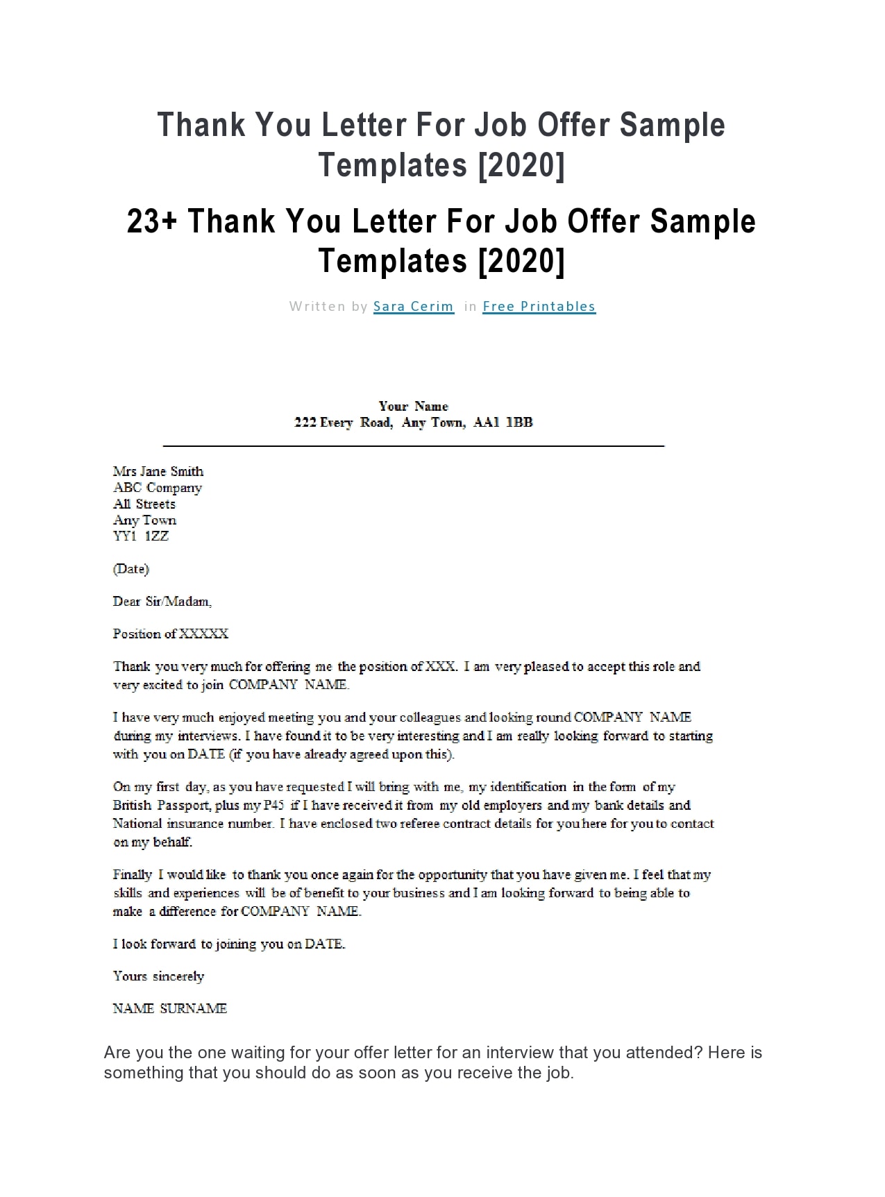 thank you letter for job offer