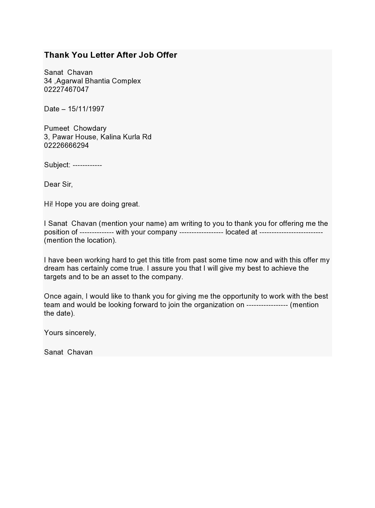 thank you letter for job offer