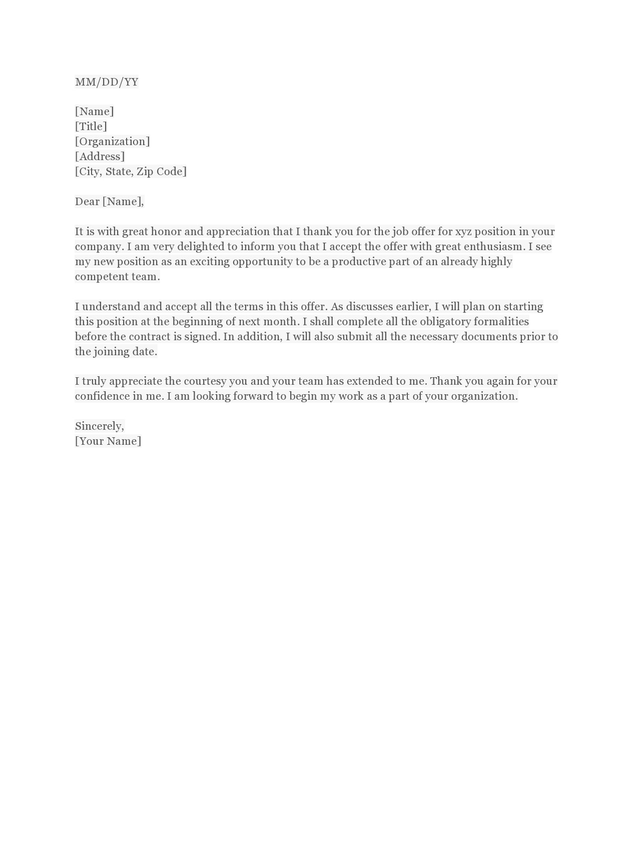 thank you letter for job offer