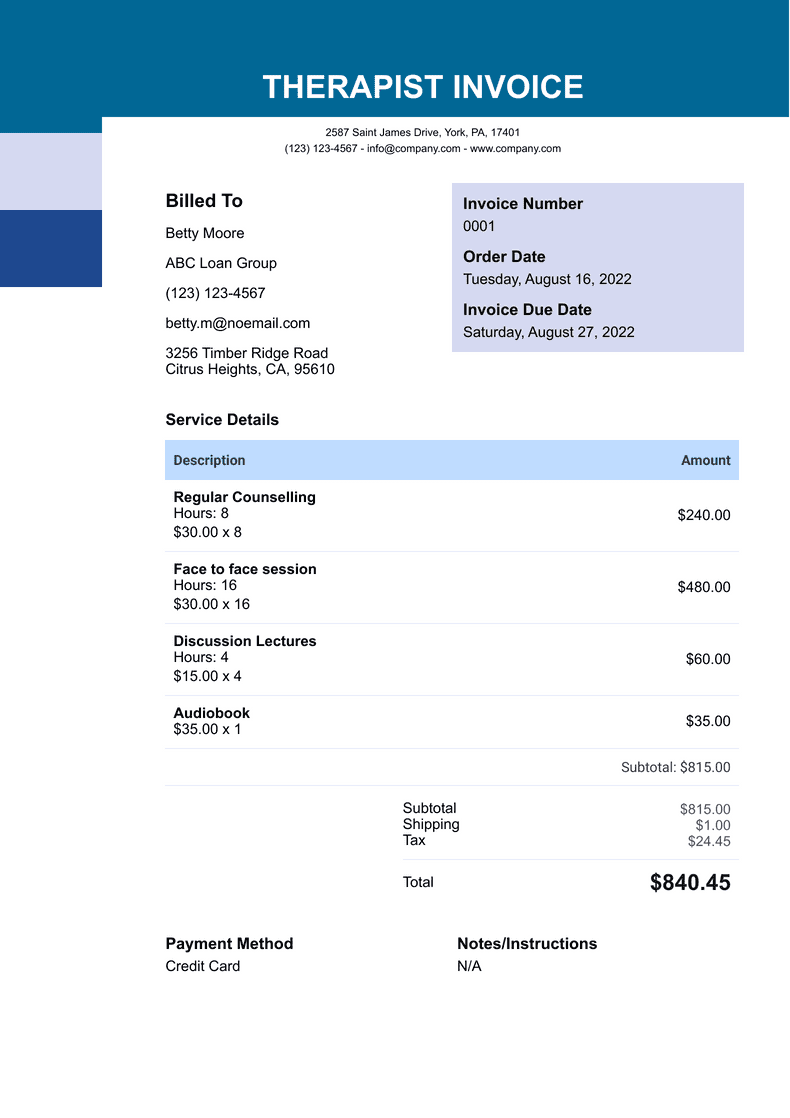 therapy invoice template example