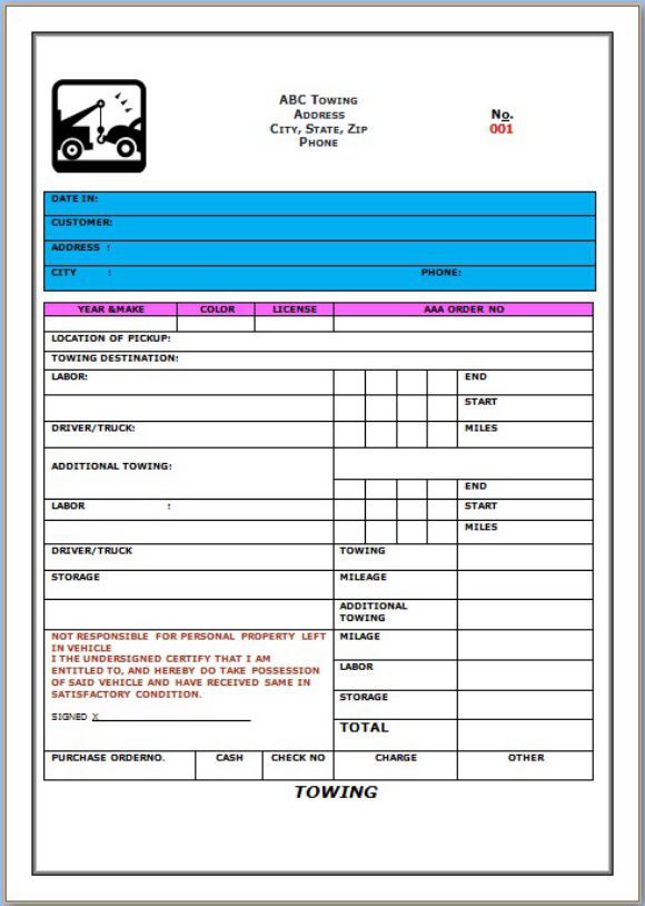 towing invoice template example