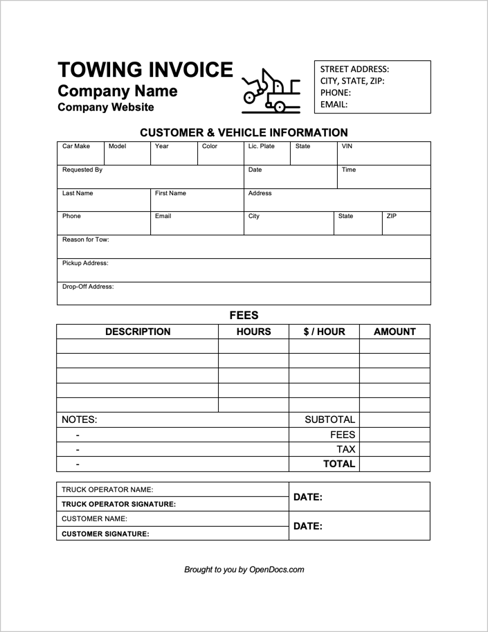 towing invoice template