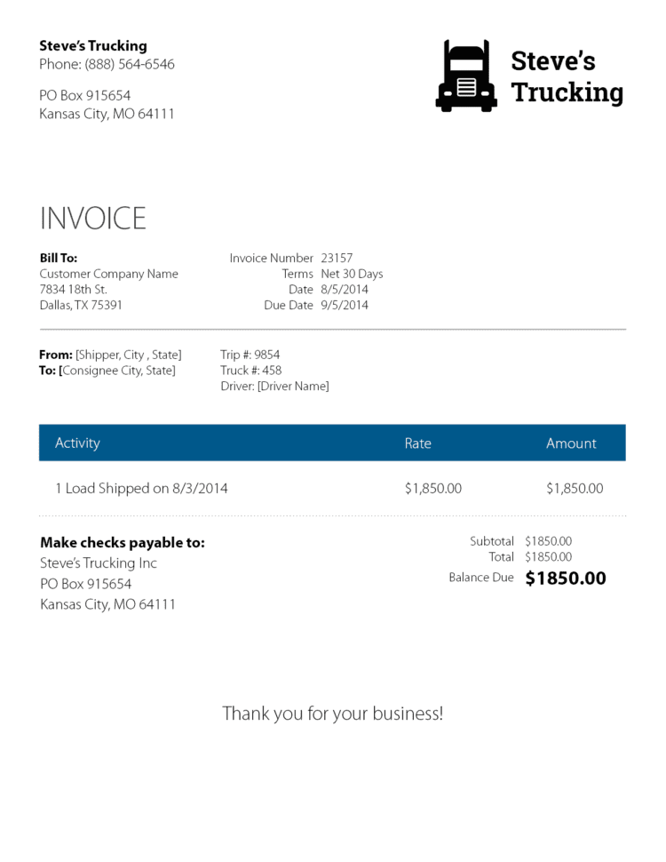 trucking company invoice template sample