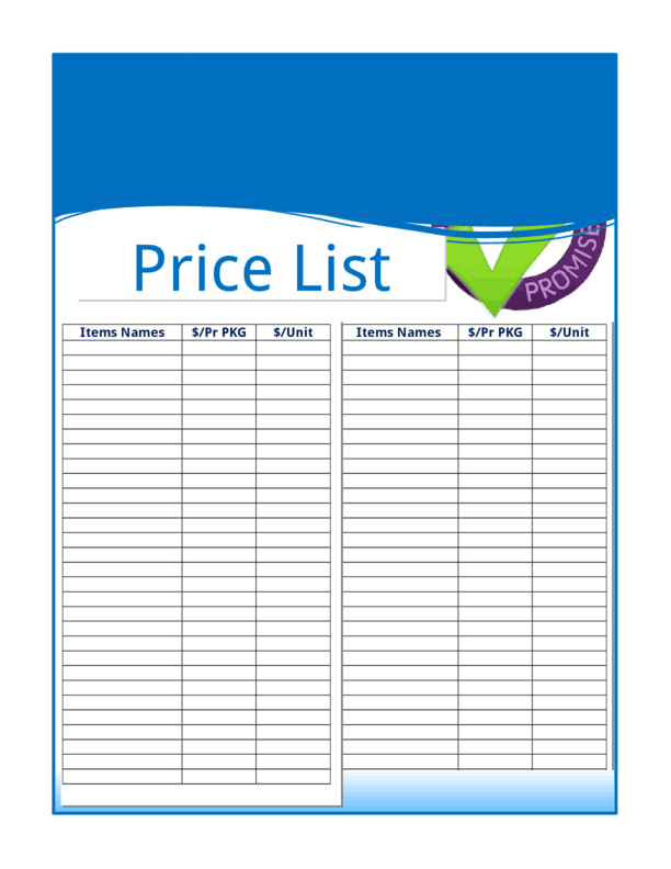 wholesale price list template