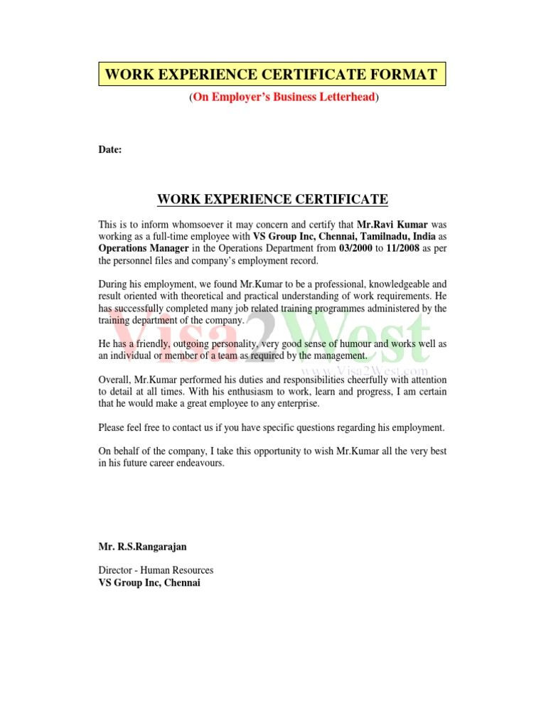 work experience certificate template